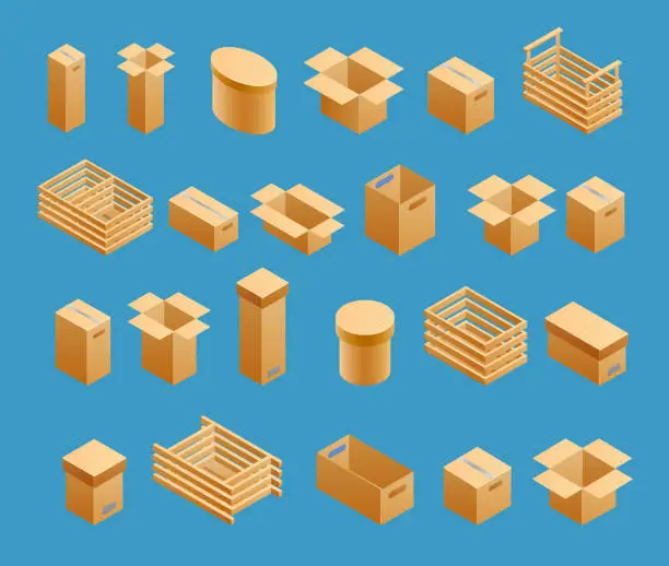 Vector illustration of Boxes, Wooden, Cardboard Isometric Vector Set