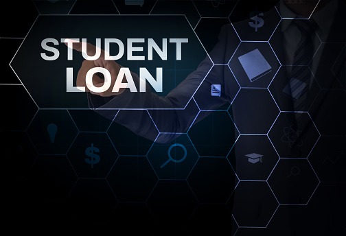 Student Loan concept background with person touching the typography.