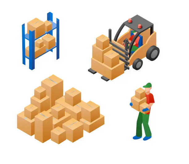 Vector illustration of Loader and Warehouse Isometric Vector