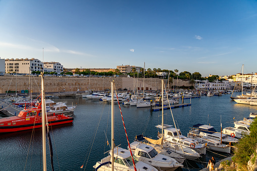 Menorca, Spai - May 17, 2023: Landscape view of Ciutadella harbor Minorca, Spain