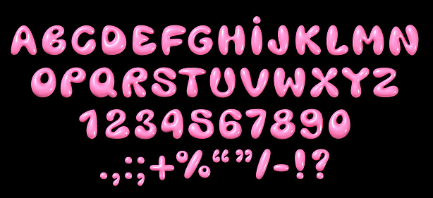 Glossy 3D bubble font in Y2K style: shiny plastic pink English alphabet letters and numbers, realistic vector illustration