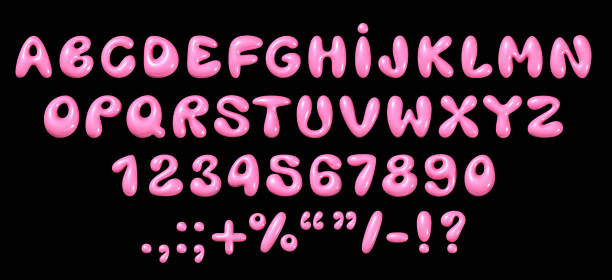 Glossy 3D bubble Y2K font Glossy 3D bubble font in Y2K style: shiny plastic pink English alphabet letters and numbers, realistic vector illustration full term stock illustrations