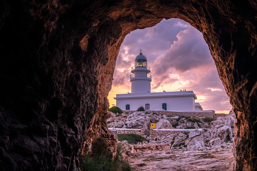 Landscape of a beautiful sunset at Cavallerie Lighthouse. Menorca, Spain