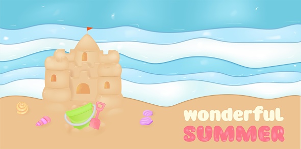 3D sand castle summer illustration, vector beach kids vacation construction, bucket, shovel, starfish