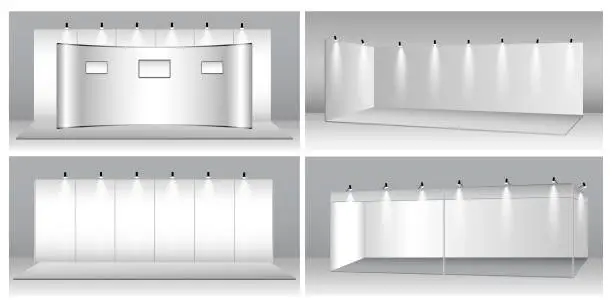 Vector illustration of set of realistic trade exhibition stand or white blank exhibition kiosk or stand booth corporate commercial. eps vector