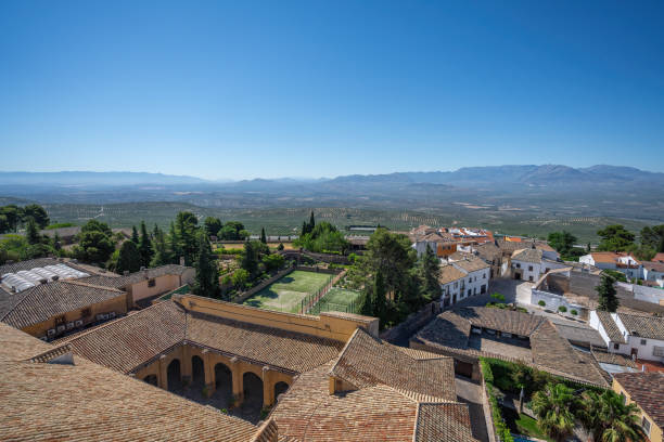 Aerial view of Baeza with Sierra Magina Mountains - Baeza, Jaen, Spain stock photo
