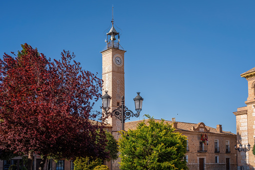 Clock Tower (Torre del Reloj) and Consuegra City Hall at Plaza de Espana Square - Consuegra, Castilla-La Mancha, Spain