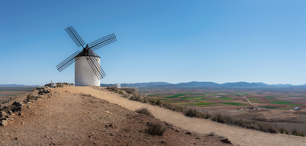 Panoramic view of Clavileno Windmill at Cerro Calderico - Consuegra, Castilla-La Mancha, Spain