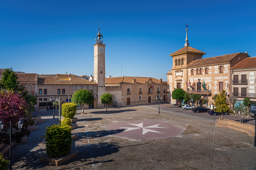 Plaza de Espana Square with Clock Tower (Torre del Reloj) and Consuegra City Hall - Consuegra, Castilla-La Mancha, Spain