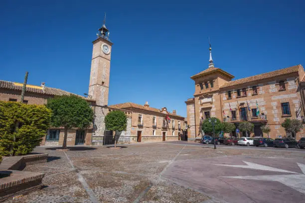 Plaza de Espana Square with Clock Tower (Torre del Reloj) and Consuegra City Hall - Consuegra, Castilla-La Mancha, Spain