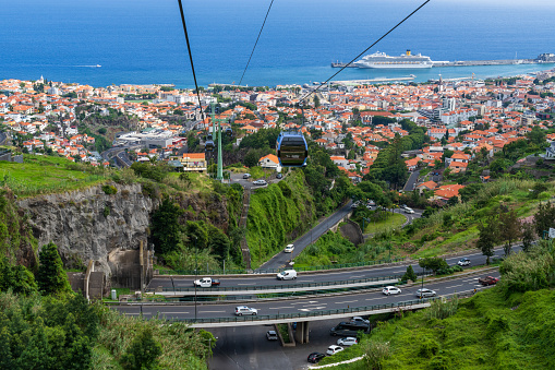Funchal, Madeira - June 28, 2023: Cable car with cabins above city between Funchal and Monte on the island Madeira, Portugal.