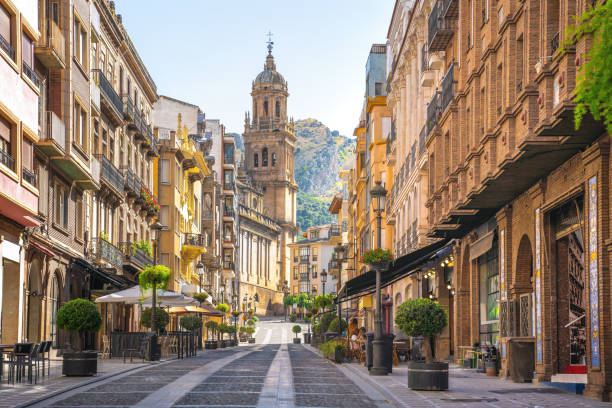 Bernabe Soriano Street and Jaen Cathedral - Jaen, Spain stock photo