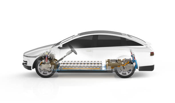 istock Ev car or electric vehicle with pack of battery cells on platform 1507964899