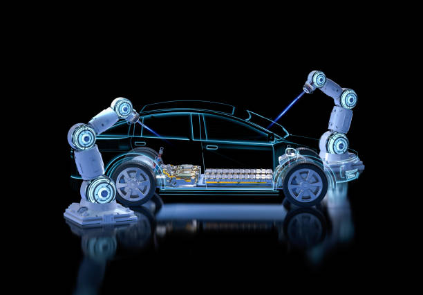 istock Robot assembly line with electric car battery cells module on platform 1507965154