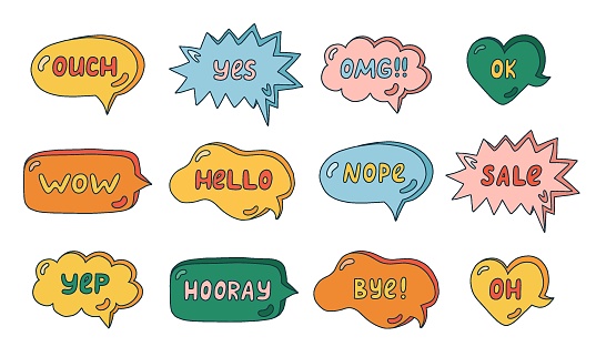 Trendy speech bubbles set with hand drawn talk phrases in the different shapes. Online chat clouds with Ok, Yes, Yep, Hello, What s up, Sale, Wow, OMG, Bye and other dialog words. Colorful doodles.