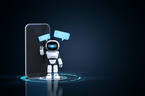 3d rendering chatbot or assistant robot chat with speech bubble on mobile phone