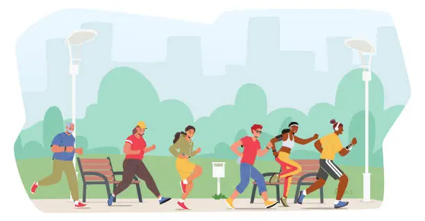 Vector illustration of Energetic Characters Racing Through City Streets, They Participate In A Thrilling And Challenging City Marathon