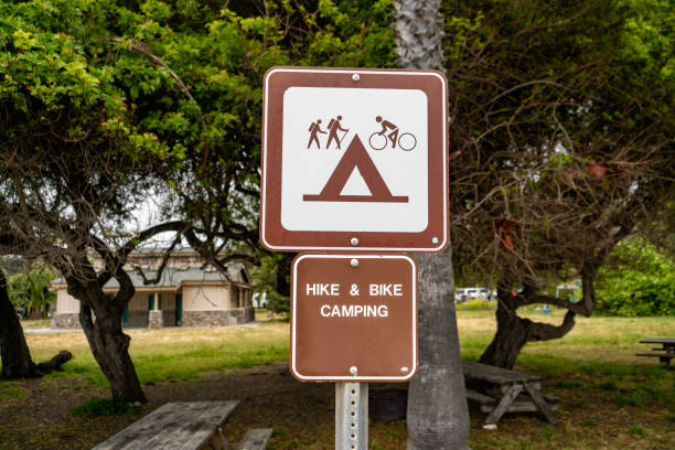 Bike and hike campground sign stock photo
