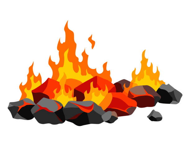 kohle verbrennen. realistisches helles flammenfeuer auf kohlehaufen. nahaufnahme vektorillustration für grillflammenkamin, heißes kohle- oder glühendes kohlebild - campfire coal burning flame stock-grafiken, -clipart, -cartoons und -symbole