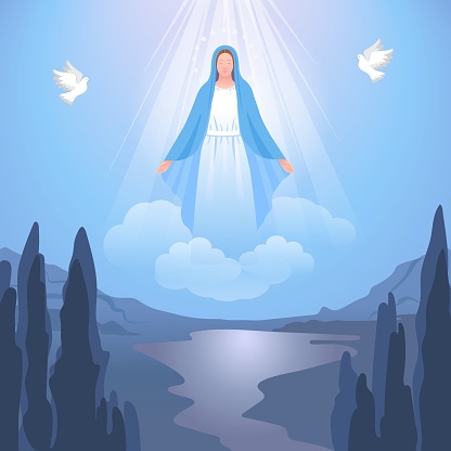 Holy Blessed Virgin Mary or Mother of God. Assumption of Mary.Vector illustration for Christian and Catholic communities, design, decoration of religious holidays, history