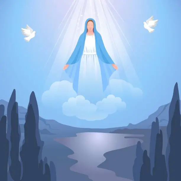 Vector illustration of Holy Blessed Virgin Mary or Mother of God. Assumption of Mary.Vector illustration for Christian and Catholic communities, design, decoration of religious holidays, history