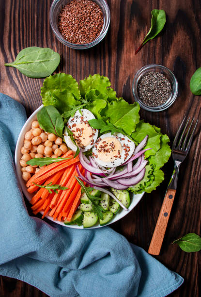 istock Boiled eggs, chickpeas, lettuce, fresh carrots and cucumber sprinkled with flax and chia seeds. Keto diet. Superfood. View from above. Wooden background. 1508048206