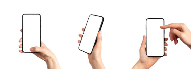 istock Mobile phone mockups set. Smartphone screen mock-ups in hand isolated on white 1508051033