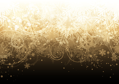 Shiny sparkling glittering gold colored background vector illustration with snow and snowflakes for use as background template on Christmas designs, cards, flyers, banners, advertising, brochures, posters, digital presentations, slideshows, PowerPoint, websites