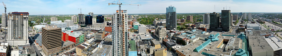 An aerial panorama view of London, Ontario, Canada in spring