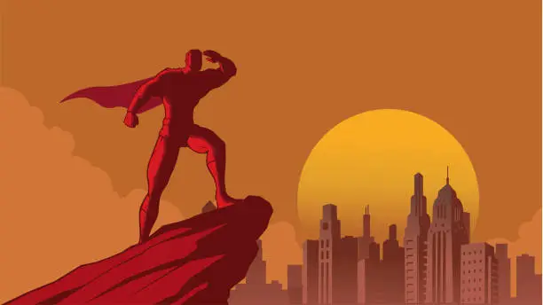 Vector illustration of Vector Retro Art Deco Style Superhero Looking at Far Away Silhouette in a City Stock Illustration