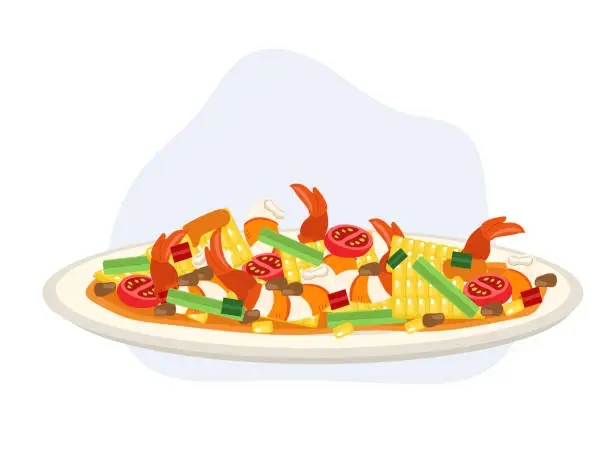 Vector illustration of Papaya salad with corn or 'Som Tum Kao Pod' with cooked shrimp. Thai style. Sweet corn spicy Thai food. Flat vector cartoon illustration