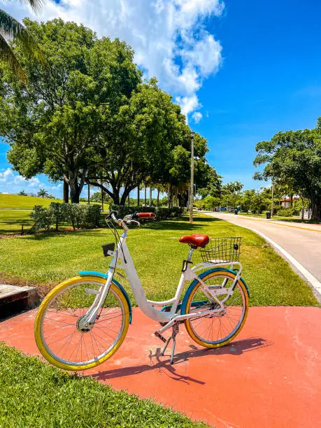 Cruiser Bicycle Parked along the Meridian Avenue in the Elegant Bayshore Neighborhood, in Miami Beach, Miami, USA on a Sunny Day