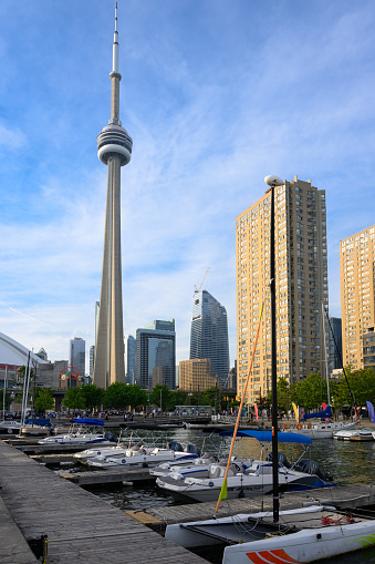 Toronto, Canada - July 1st, 2023: The CN Tower is an iconic landmark and one of the most recognizable structures in Toronto, Canada.
