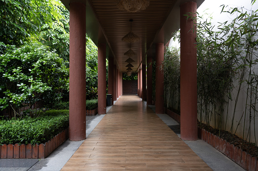 Corridor of garden style resort hotel