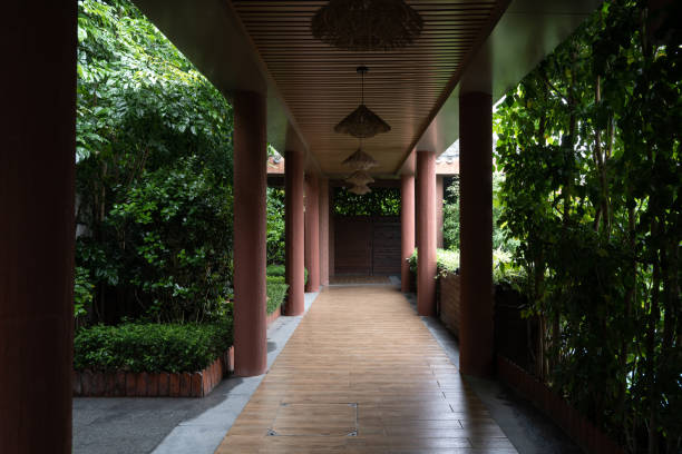 Corridor of garden style resort hotel