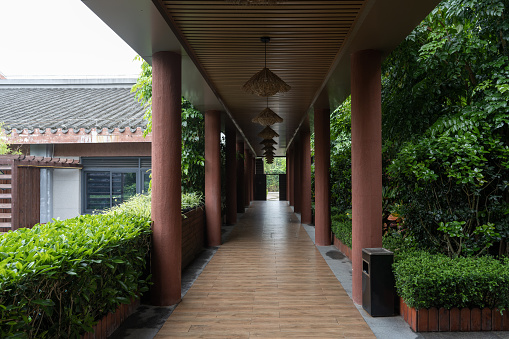 Corridor of garden style resort hotel