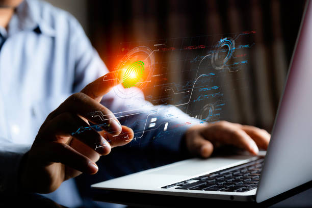 Cyber security Concept to protect Information on Internet Network. Businessman Scan fingerprint with virtual screen interface to enter Internet Network.Futuristic virtual screen interface Technology concepto de seguridad cibernética para proteger la información en la red de internet. hombre de negocios escanee la huella digital con interfaz de pantalla virtual para ingresar a internet network.futurista interfaz de pantalla virtual tecnología