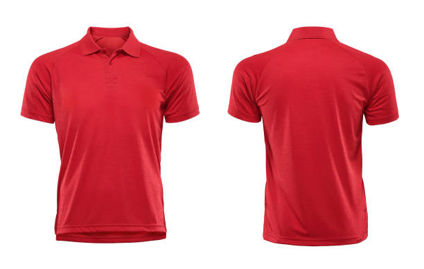 Blank red collared shirt mock up, front and back view isolated on white background stock photo