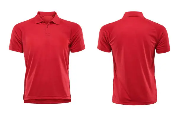 Blank red collared shirt mock up, front and back view isolated on white background