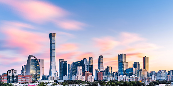 Sunset glow scenery of Beijing international trade CBD building complex, China