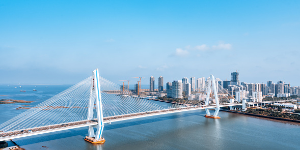 High angle view scenery of Century Bridge over Haidian River, Haikou, Hainan, China