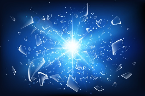 Blue light. Broken glass shatter. 3D explode fragments or shards. Blast glow. Energetic flash. Futuristic shine. Explosion debris. Sparkling fragile particles. Abstract background. Vector wallpaper