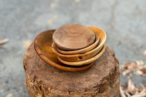 Newly made wooden bowls closeup.
