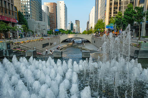 Seoul, South Korea - June 28, 2023: Cheonggyecheon Stream in downtown Seoul, South Korea.