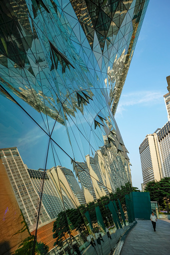 Seoul, South Korea - June 28, 2023: Detail of the futuristic glass wave of Seoul City Hall, South Korea.