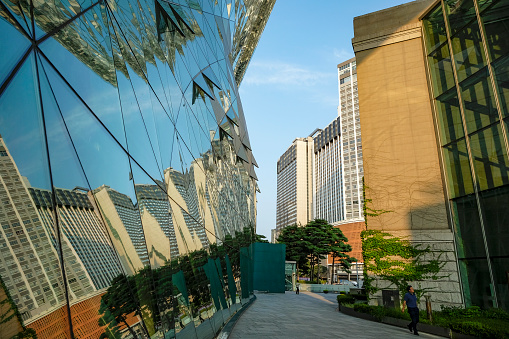 Seoul, South Korea - June 28, 2023: Detail of the futuristic glass wave of Seoul City Hall, South Korea.