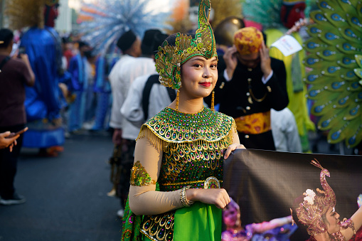 June 11, 2023 Peop wearing Indonesian traditional clothes at the Art carnival during Jakarta Car Free Day. Street Photography.
