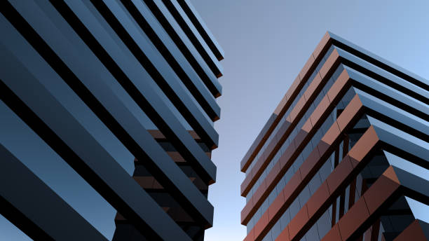 dos edificios modernos con ventanas de vidrio. diseño arquitectónico de edificios. espacio de oficinas, casas al atardecer por la noche. renderizado 3d. - center fotografías e imágenes de stock