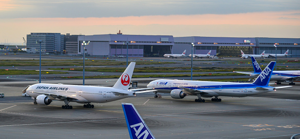 Tokyo, Japan - Nov 2, 2019. Passenger airplanes docking at Tokyo Haneda Airport (HND). Haneda was the 3rd-busiest airport in Asia, handled 87,098,683 passengers in 2018.