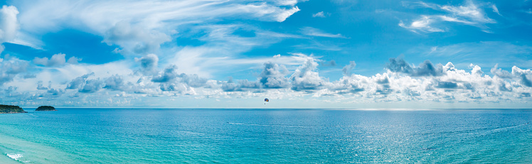 ocean with blue sky on sunny day in panoramic. Beautiful beach. Panoramic beautiful seascape with cloud.